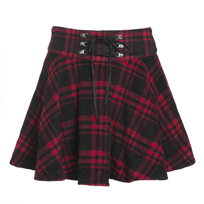 Lace Up Plaid Pleated Skirt High Waist A-line Swing Skater Mini Skirt Plus Size