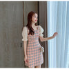 2022 spring kawaii pastel girlish sequins short-sleeved square collar plaid princess mini dress