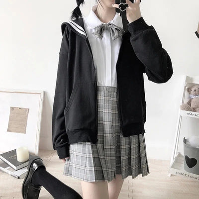 Navy collar sailor sweatshirt for Japanese students jk uniform cute bubble sleeves coat college style