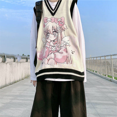 Japanese Academy College Style Vest Top Cartoon Anime Girl Sleeveless Sweater Loose Knitwear