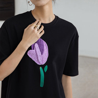 New Niche Design Round Neck 3D Knitted Turnip Applique Loose Leisure cotton T-shirt