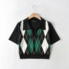 polo collar argyle sweater college style pullover women tee plaid knitwear