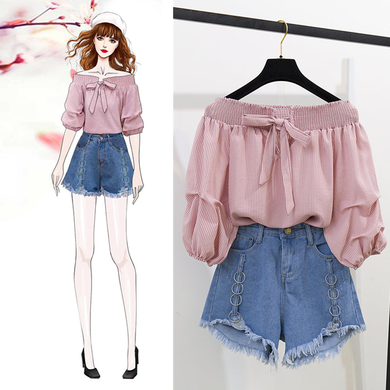 Off Shoulder chiffon blouse bow knot ruched trim top and jeans set ripped shorts