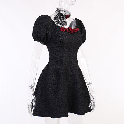 3D rose deco jacquard lace choker bubble sleeves square neckline lace skater prom dress