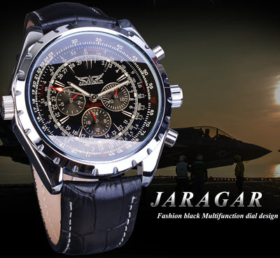 Jaragar Automatic Mechanical Calendar Sport Watches Pilot Design Men’s Wrist Watch Leather Band