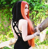 Dunkler Gothic Kapuzen-Bodysuit mit Pentagramm-Trägern Punk Occult Women Top