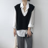Antiwrinkle knitted vest knitwear forked hem V-neck Korean loose fit woolen sweater long top for women