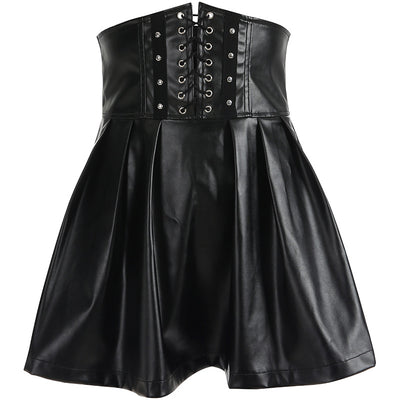 street fashion faux leather high waist girdle lace up skater zipper dark gothic pleated A-line skirt