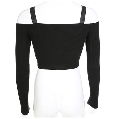 European US streetwear off shoulder straps pullover long sleeve straight neckline slim fit rib fabric T shirt