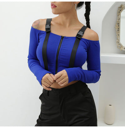 European US streetwear off shoulder straps pullover long sleeve straight neckline slim fit rib fabric T shirt