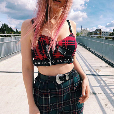 Red Plaid Sexy Strap Trägershirt Camis Frauen Crop Tops Mode Backless Gothic Reißverschluss Tasche Streetwear Punk Girl
