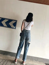 Women Stylish denim jeans high-waisted ripped loose fit wide-legged radish pants Long Trousers