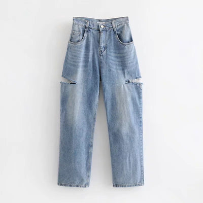 Women Stylish denim jeans high-waisted ripped loose fit wide-legged radish pants Long Trousers