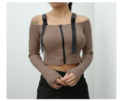 European US streetwear off shoulder straps pullover long sleeve straight neckline slim fit rib fabric T shirt