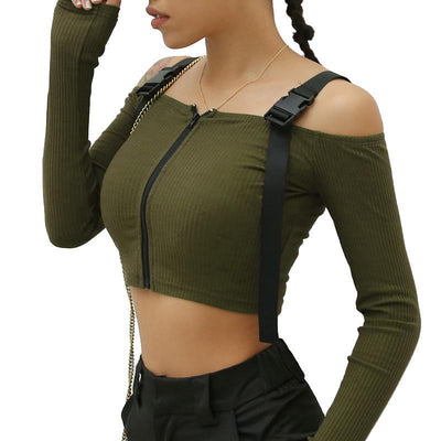 European US streetwear off shoulder straps pullover long sleeve straight neckline slim fit rib fabric T shirt