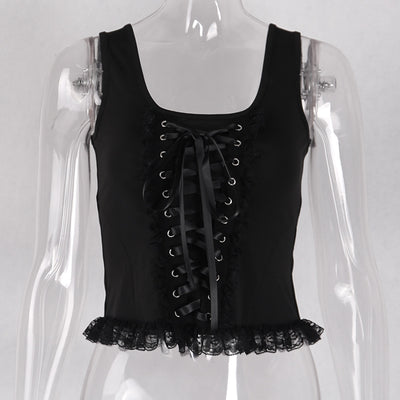 Gothic petite camisole corset lace up and zipper placket with eyelets square collar knitted lace evening dress condole top