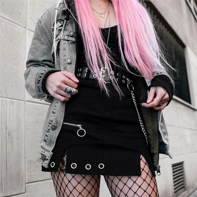 2021 sexy dunkle gotische Ringkette geteilt A-Linie Rock Reißverschluss Cosplay schicke Streetwear