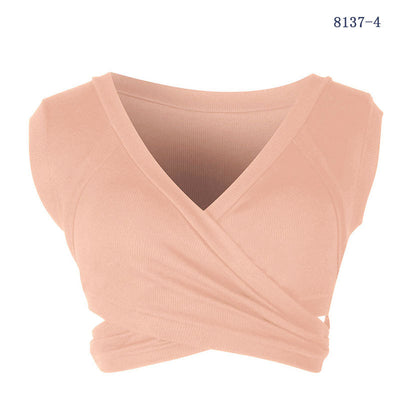 Bandage crossed dew umbilical short vest cami deep V neck bottomed basic shirt women top