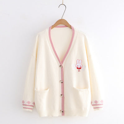Kawaii Rabbit loose fit embroidery knitting wear cardigan V-neck sweater button up knitwear outfit