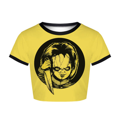 Horror doll digital printing slim short T-shirt tight fit casual strechable wear