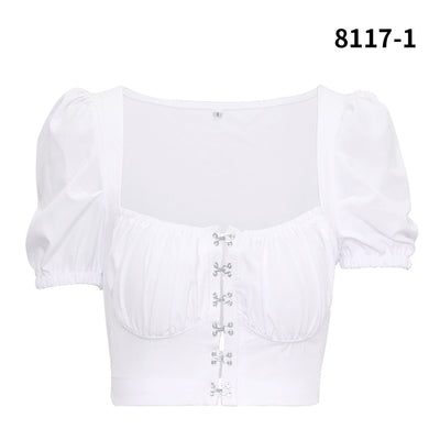 Bubble Sleeve Square Collar Hook Ruched Design Navel Slim Fit Small Vest Crop Top Blouse
