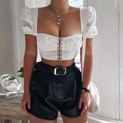 Bubble Sleeve Square Collar Hook Ruched Design Navel Slim Fit Small Vest Crop Top Blouse