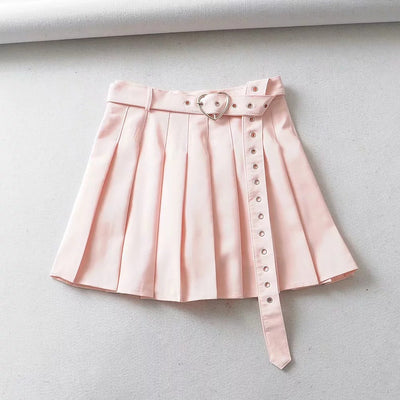 New Kawaii college style pleated A-line skirt with sweetheart belt elastic pink black and white