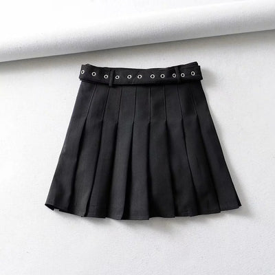 New Kawaii college style pleated A-line skirt with sweetheart belt elastic pink black and white
