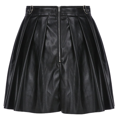 Punk metal dark gothic faux leather pleated skirt high waist pleated skater for women