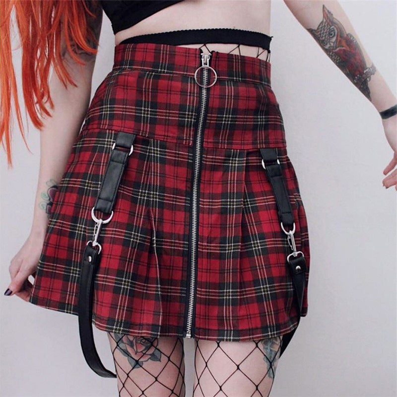Women Girl Chic Gothic Petty skirt Pleated Plaid zipper A-line skirt Street Hipsters Style