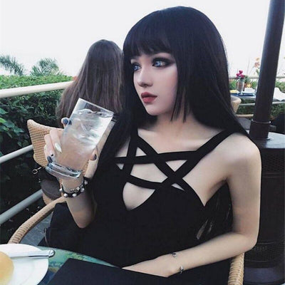 Sexy women gothic jumpsuit pentacle hollow cut sling vest overall for summer