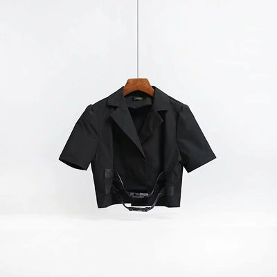 Gothic streetwear lapel collar shirt instashop buckle belt short cargo outfit women top
