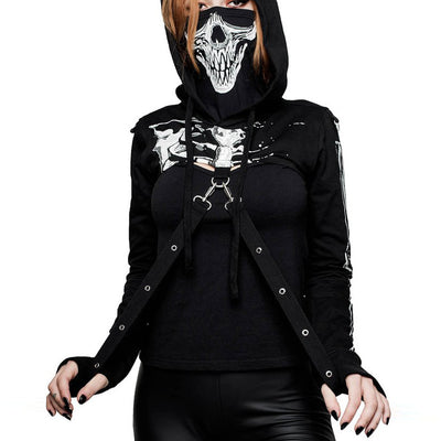 Skull and bones printed webbing bandages hooks ultra short Hoodie and mask dark gothic sweater