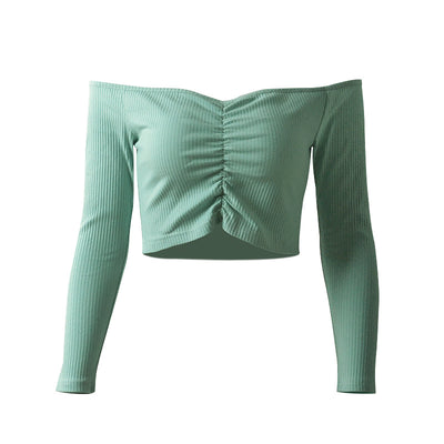 New Style Women Wear Long Sleeve Off Shoulder Blouse Slim Navel Crop Top Cotton Knit Breast Wrap T-shirt Tee