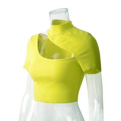 Fluorescent open navel short-sleeved summer top hollow cut chest sexy T-shirt european style