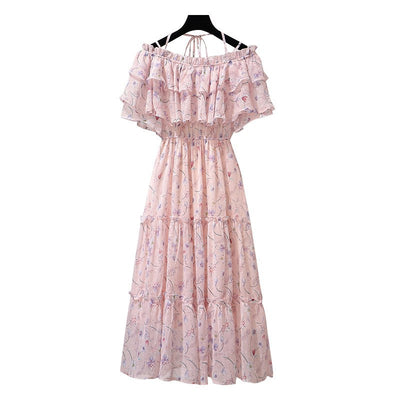 3D deco fairy maid frilly skirt off shoulder floral print chiffon ruffle dress