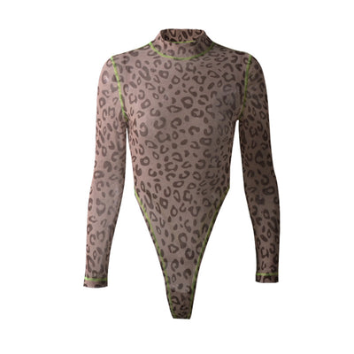 Femme Women Slim Fit New Leopardenmuster Langarm fluoreszierend dehnbar Overall Jumpsuit Rollkragenhemd Bluse