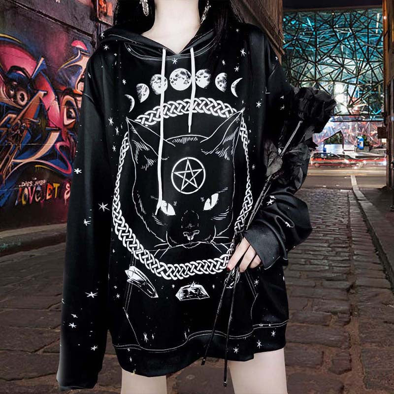 Halloween Frauen Straße Mode Pentagram Gothic Stil Katze Druck locker sitzen Hoodie Kapuze Pullover Tunika