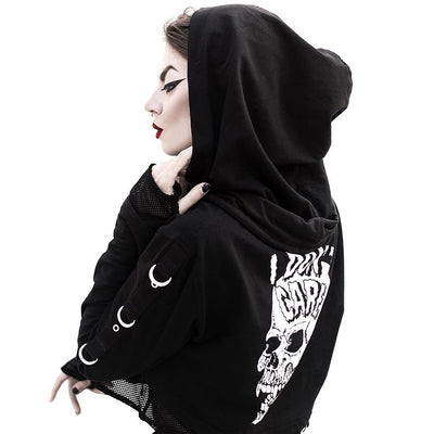 Gothic women motorist hoodie skull print gauze crop top streetwear sweatshirt