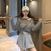 Split collar korea style sunscreen long sleeve tee stripes translucent loose fit top blouse shirt for femme