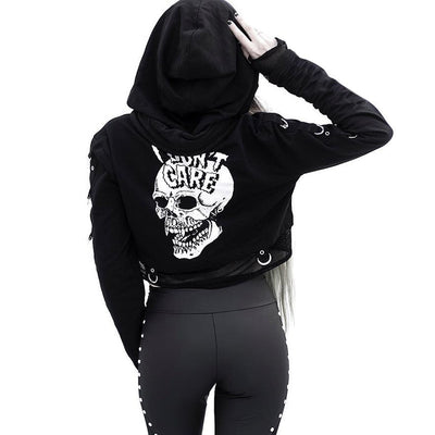 Gothic women motorist hoodie skull print gauze crop top streetwear sweatshirt