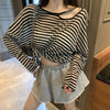 Split collar korea style sunscreen long sleeve tee stripes translucent loose fit top blouse shirt for femme