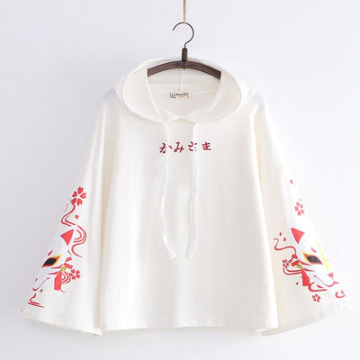 Kawaii embroidery fox face Japanese words prints flared sleeve thin hooded sweatshirt cloak