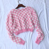 women sweater kawaii chessboard mink velvet short crop top knitted cardigan st01