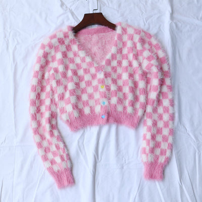 women sweater kawaii chessboard mink velvet short crop top knitted cardigan st01
