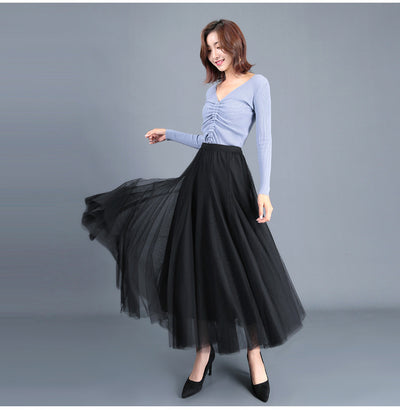 3 Layers High-Waisted Women Artistic Temperament fairy style long yarn rainbow skirt Chic