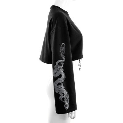Langarm Dark Gothic Drachendruck locker geschnitten Street Hipster Punk Crop Sweater Jacke