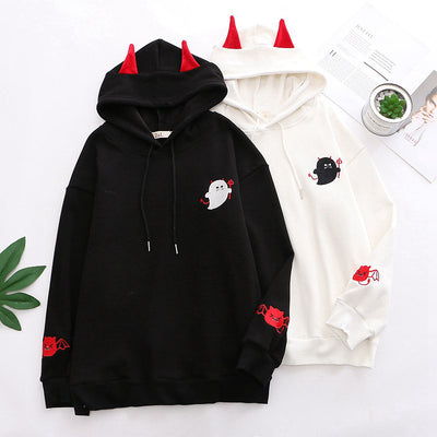 Harajuku Hoodies with Little Devil Horns Gothic Hooded Embroidered Sweatshirt Loose Kawaii Style Tunic Pullover