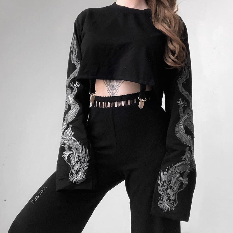Langarm Dark Gothic Drachendruck locker geschnitten Street Hipster Punk Crop Sweater Jacke