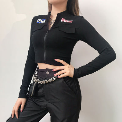 Motorist stand collar prints zipper slim fit short top casual jacket streetwear for women